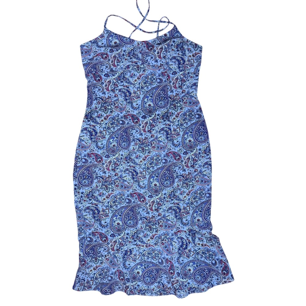 Express World Brand Vintage Blue Paisley Ruffle Hem Midi Dress Y2K Size 9/10
